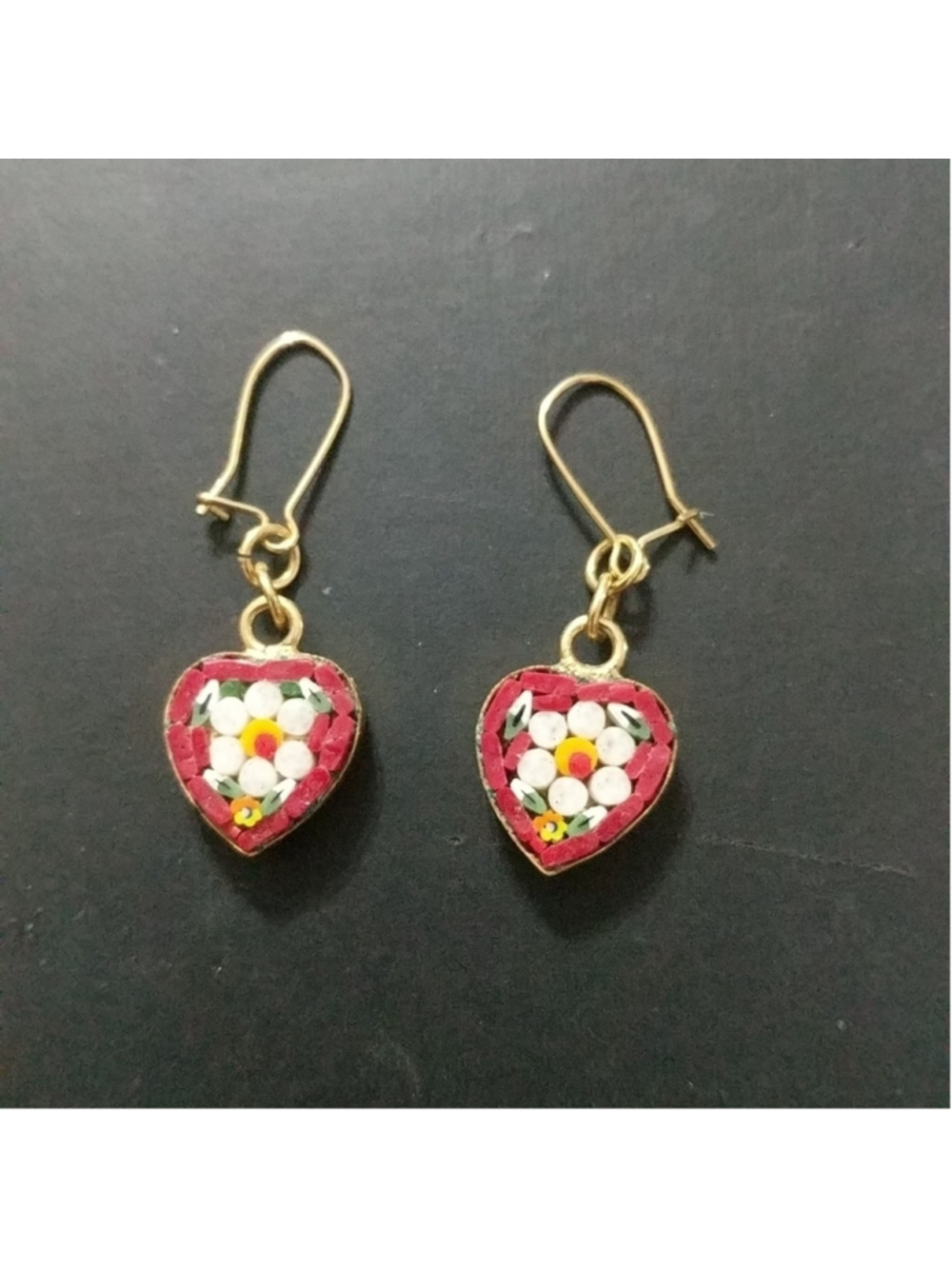 Gold Tone Red Heart Shape White Glass Mosaic Floral Statement Earrings